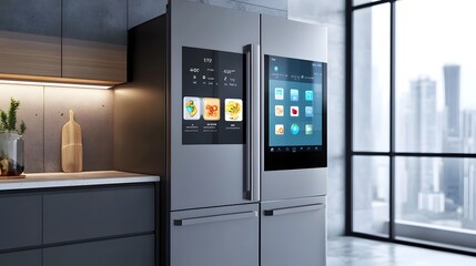 Poster - advanced iot powered smart refrigerator with a sleek touchscreen control interface designed for mode