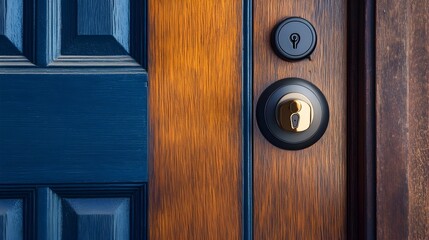 Poster - close up photo of internet connected smart locks installed on a front door showcasing the latest hom