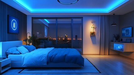 Poster - sophisticated smart bedroom with intelligent lighting and climate control for enhanced comfort and e