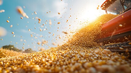 Corn kernels pouring from a red combine harvester, golden stream of corn against blue sky, sun flare, motion blur, shallow depth of field, agricultural harvest scene.