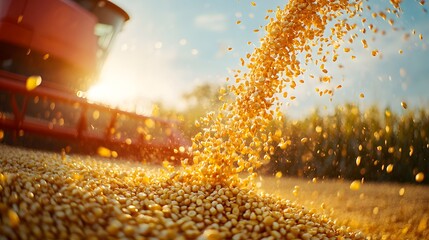 Corn kernels pouring from a red combine harvester, golden stream of corn against blue sky, sun flare, motion blur, shallow depth of field, agricultural harvest scene.