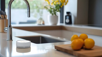 Poster - advanced iot enabled water leak detectors installed under a kitchen sink designed to provide real ti