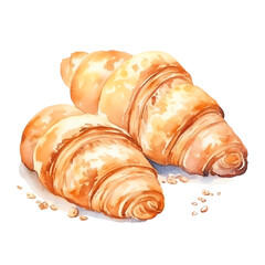 Two croissants with a golden-brown crust, perfectly baked and flaky. Ideal for breakfast or a sweet treat, isolated on a white background.