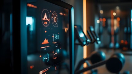 Poster - sleek and modern smart mirror with digital fitness tracking dashboard showing key metrics and person