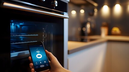 Poster - photograph of an iot connected smart oven being controlled through a smartphone app with copy space 