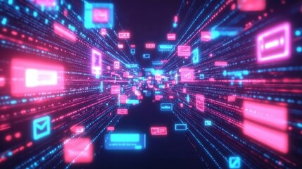 Poster - Glowing digital messages in a virtual space, illustrating the concept of communication and connectivity in the digital age.
