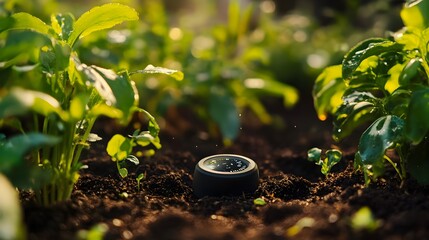 Poster - photograph of iot enabled smart garden sensors continuously monitoring soil moisture levels weather 