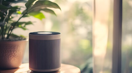 Poster - photograph of a modern smart air purifier device that can be controlled and monitored through an iot
