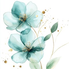 Watercolor transparent flowers, light blue and green color palette, gold details, transparent background