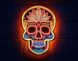 Wall Mural - vector design realistic isolated neon sign featuring dia de muertos skull intended decoration covering wall background celebrating mexico day dead