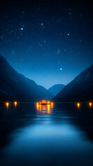Wall Mural - A serene lake with a small boat floating on it. The sky is dark and the stars are shining brightly