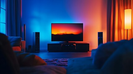 Poster - Sleek and Modern Smart Home Theater Setup with Seamless IoT Technology for Convenient Multimedia Entertainment and Lifestyle Control