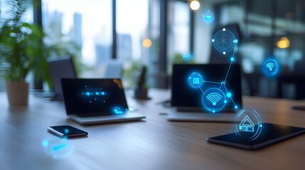 Poster - sleek and modern smart office desk equipped with iot connected devices offering advanced automation 