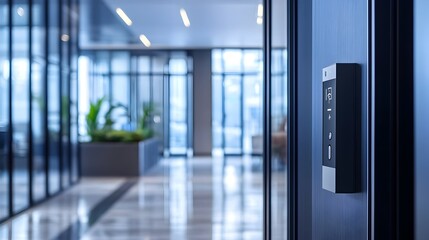 Poster - Photograph of a modern IoT enabled office entry system featuring touchless access control technology for a seamless secure and hands free entry experience in a sleek minimalist workspace