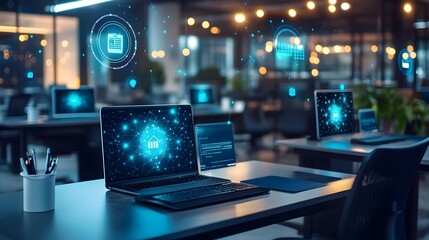 Poster - a photograph showcasing a modern office environment with iot connected smart desks enabling seamless