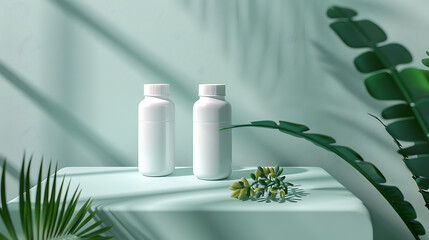 Two white bottles sit on a pale blue table top, with leafy foliage and light shadows in the background.