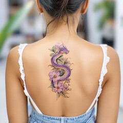 Wall Mural - A woman with a purple dragon tattoo on her back. The tattoo is surrounded by flowers and leaves