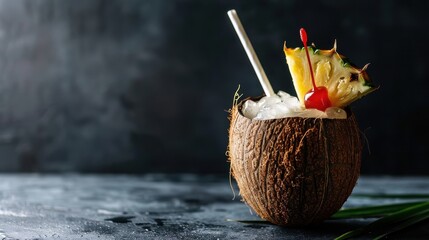 Wall Mural - Coconut Cocktail with Pineapple and Cherry Garnish