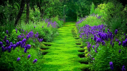 A vivid green garden path bordered by green flowers, blending seamlessly with the vibrant walkway