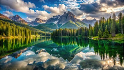 Serene lake mirrors the majestic mountains and vibrant green forest, creating a stunning symmetry of nature's beauty in this breathtaking reflection photography.