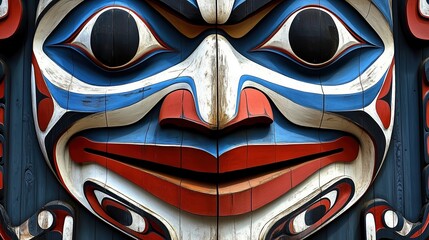 Wall Mural - Close-up of a traditional Haida totem pole featuring an intricately painted face with vibrant blue and red colors. The high-resolution digital art emphasizes the detailed depiction of the eyes and mou