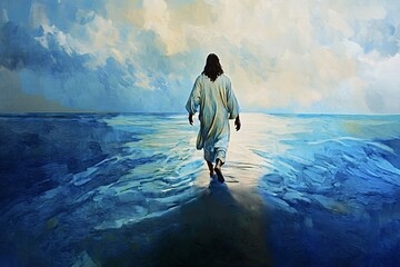 Jesus is walking on water with a dramatic sky in the background, providing a concept stock image for faith, miracles, and religion