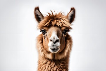 A fluffy brown llama with a friendly expression standing on a white background, AI Generated