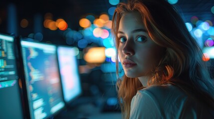 Poster - Woman with Blonde Hair Looking at Computer Screen in a Dark Room
