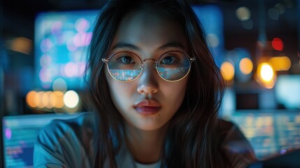 Poster - Woman with Glasses Looking at a Computer Screen with Reflected Lights