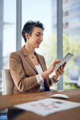 Poster - Woman, tablet and typing in office for contact, agenda and app for schedule in city. Receptionist, tech and busy at desk making appointment, business and confirmation on booking platform in law firm