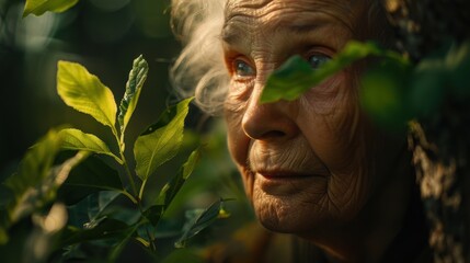 Wall Mural - Close-up Portrait of an Elderly Woman's Face Partially Hidden by Green Foliage