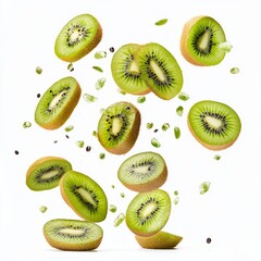 Falling kiwi fruit isolated on white background