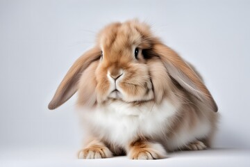 A fluffy rabbit with long ears and soft fur sitting on a white background, AI Generated