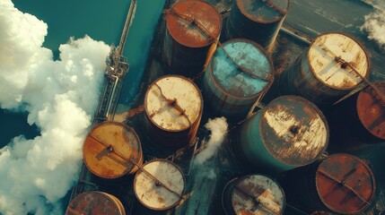 A large number of old, rusted oil tanks are seen in the sky