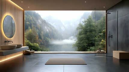 Wall Mural - Modern Bathroom with Mountain View and Wooden Accents