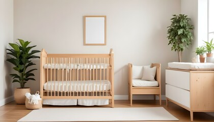 A wooden baby crib with a neutral-colored mattress and bedding, two empty wooden frames on the wall, and a potted plant in the background.