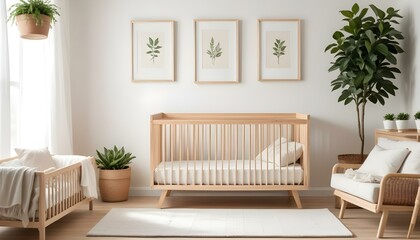 A wooden baby crib with a neutral-colored mattress and bedding, two empty wooden frames on the wall, and a potted plant in the background.