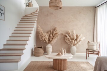 Bohemian Chic Interior: A minimalist living room with a modern twist. Featuring a curved staircase, a large beige rug, a round wooden coffee table, two white ceramic vases filled with pampas grass, an