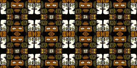 Sticker - Modern tribal shape mud cloth border effect seamless pattern. Stylized shape doodle in khaki brown color background design of printed patterned banner edge trim fabric repeat.