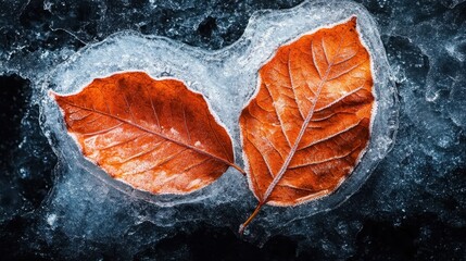 two contrasting orange autumn leaves are beautifully embedded within a clear sheet of ice, symbolizi