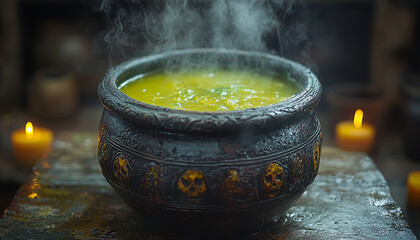 Poster - Burning candle on table, dark cauldron boiling liquid generated by AI