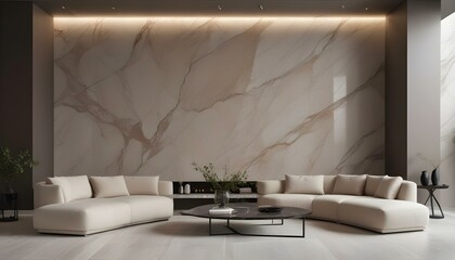 A modern and minimalist living room with a large marble wall, a low coffee table, and two beige sofas.