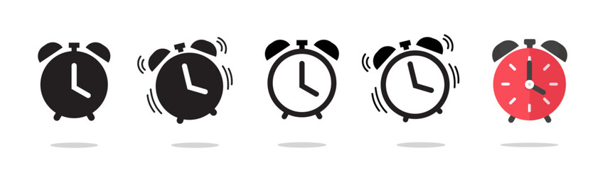 Poster - Clock icon vector simple graphic set, flat alarm watch ringing sign symbol illustration, time shape silhouette pictogram image clip art line outline stroke art and solid isolated
