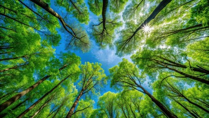 Aufkleber - View from the forest floor looking up at the canopy of green trees against a blue sky background