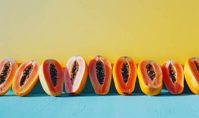 Wall Mural - Fresh, ripe papayas arranged closely together, showcasing their vibrant colors and textures. Free copy space for text.