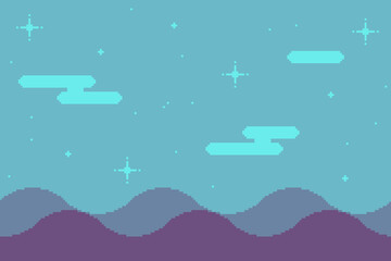 Poster - Blue Ocean Wave with Cloudy and Glitter Background, Flat Pixel Art Style