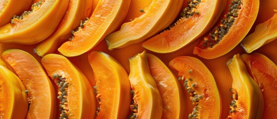 Wall Mural - Fresh, ripe papayas arranged closely together, showcasing their vibrant colors and textures. Free copy space for text.