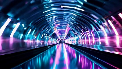 Poster - Travel through a neon-lit futuristic tunnel at night with vibrant colors and dynamic light patterns