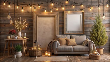Poster - Mockup frame hanging in a cozy dark living room interior with farmhouse style decor