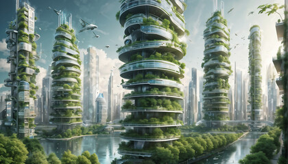 City of the future. Nature is harmoniously combined with technological buildings and ecological sources of energy.